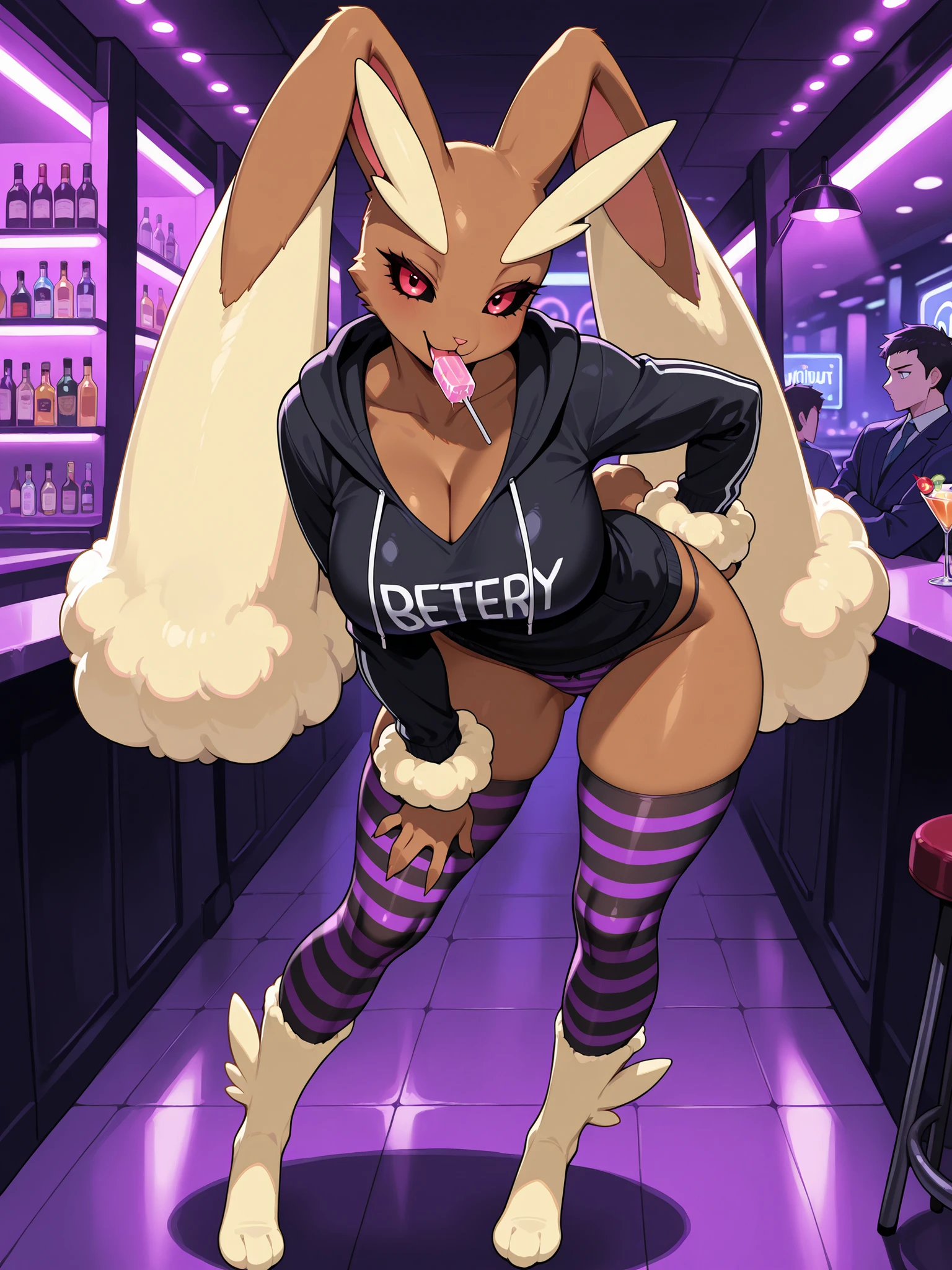 (masterpiece, better quality), hairy:1.3, snout:1.2, The second:1.3, hairy:1.2, calidad asombrosa, very aesthetic, absurd, Highres, new , HDR-10, 8K, cinematic, professional photo, a girl, (((Lopunny:1.25))), big breasts, (Small but curvy), Stripes wearing a hoodie with the hood down, long stockings with, And panties , Alone , (((seductive expression))), (((Stripes wearing a hoodie with the hood down, long stockings with, And panties :1))), in a nightclub, standing leaning forward, cocktail, orgy with her mouth open, underground dispersion, translucent , brilliant, SSS, ambient lighting, atmospheric fog , IllustrationsP0s , (super quality:1.2), full body image:1,