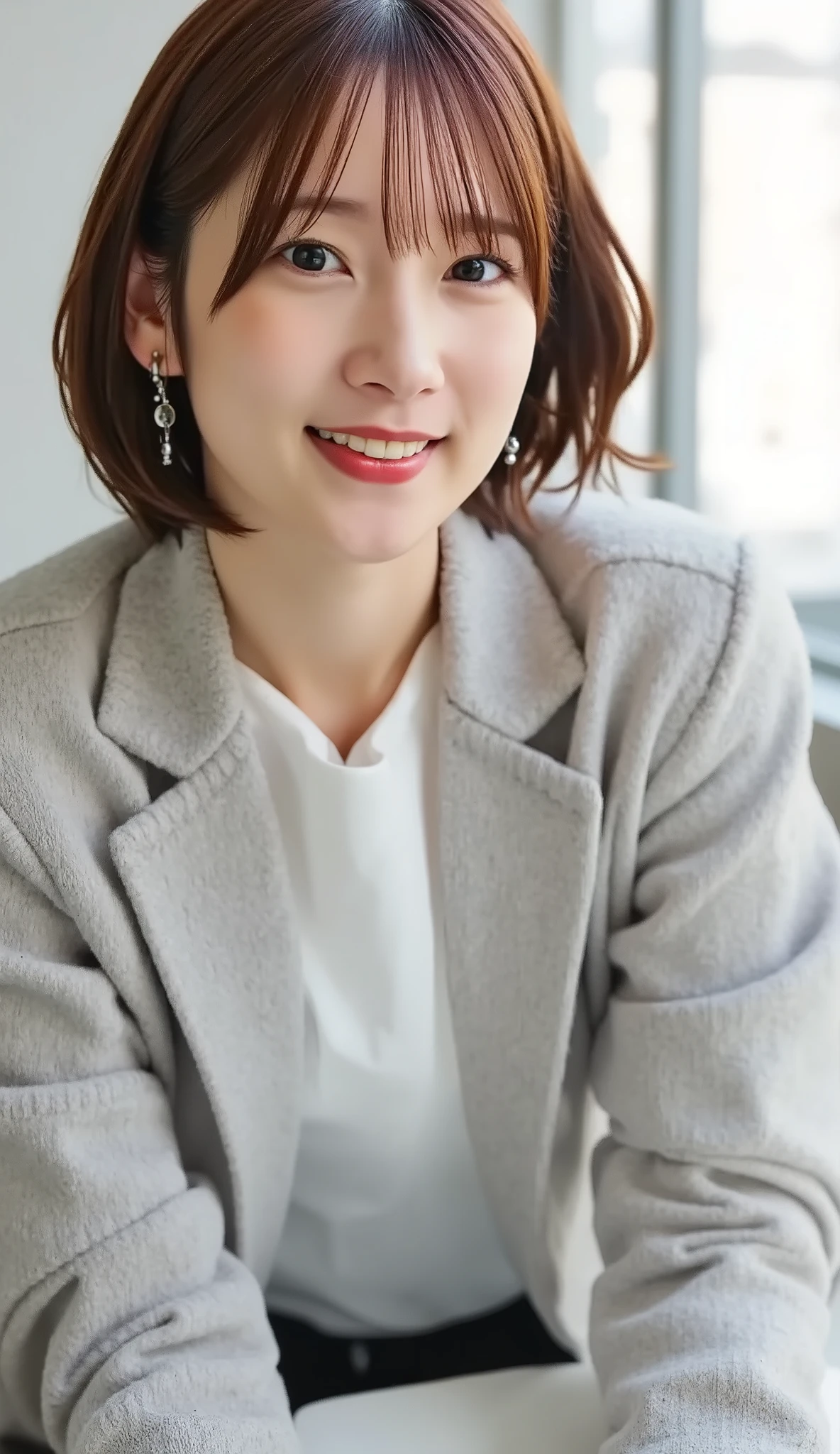 Neat Young Woman、and look at the camera、office lady suit、jacket、shirt、necklace、ear piercing、黒髪、、smile showing teeth、背景はオフィス