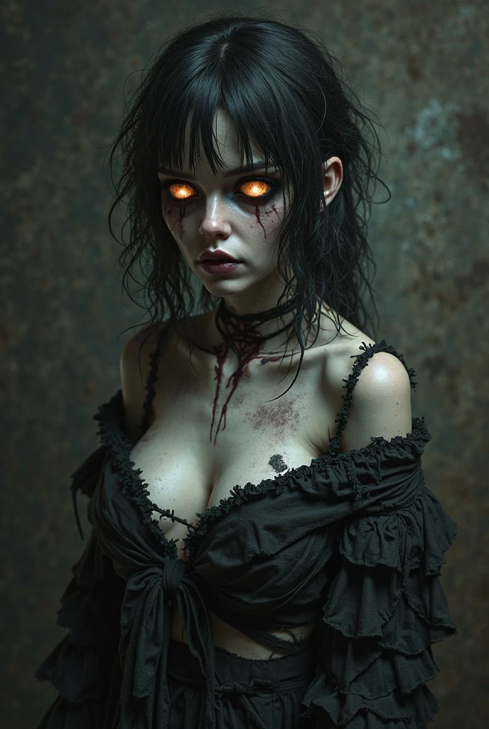 sexy vampire girl, scars on face, ripped clothes, cleavage, red eyes, vampire teeths, big nails,