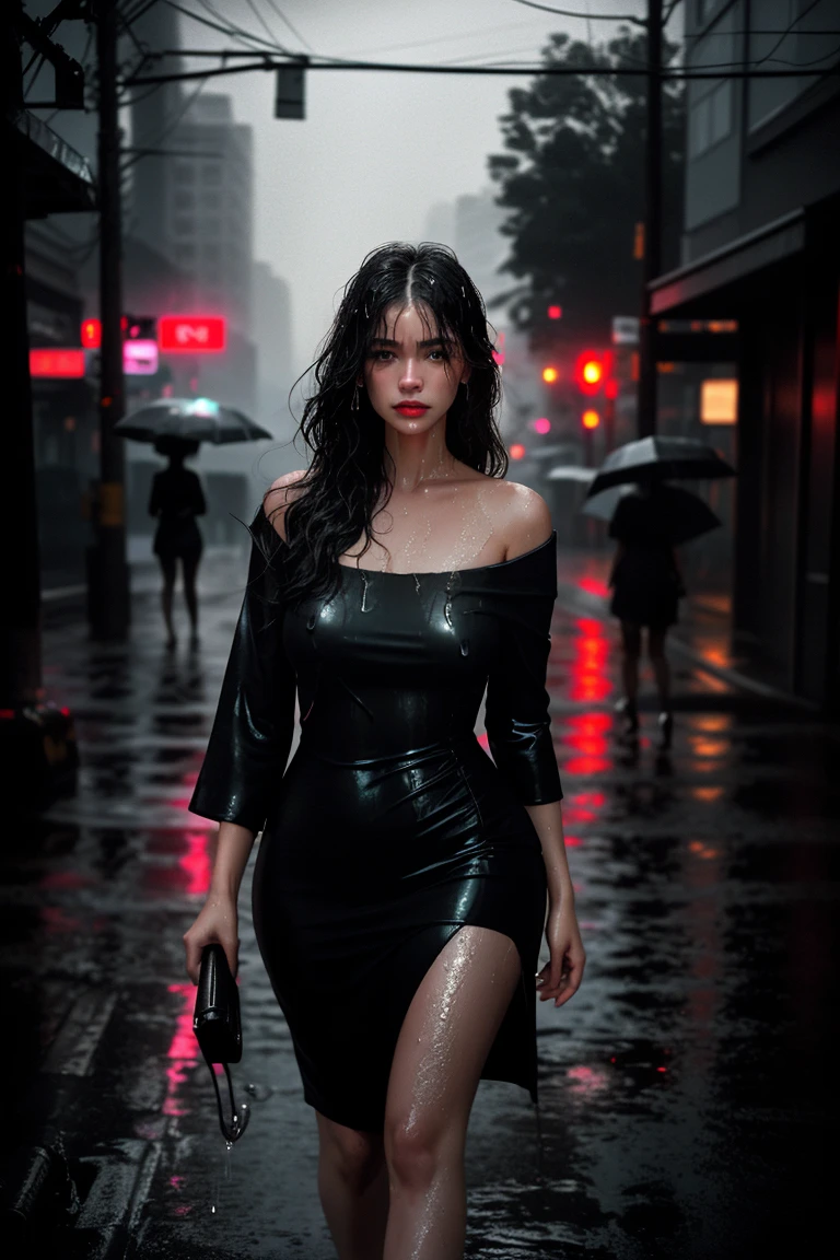 (best quality,4k,8k,highres,masterpiece:1.2),ultra-detailed,(realistic,photorealistic,photo-realistic:1.37),professional photography,wet,night rain,beautiful woman,full body,drenched,shimmering raindrops,glistening skin,vivid colors,dark atmosphere,reflective surfaces,wet hair,sparkling eyes,mysterious aura,lightning in the background,cityscape silhouette in the distance,moody lighting,foggy atmosphere,streets filled with rain puddles,dramatic pose,outdoor setting,expressive emotions,bokeh effects,high contrast,mysterious and alluring,ethereal beauty,hint of sensuality,magical realism,drenched clothes,droplets on her face,pouting lips,long flowing dress.