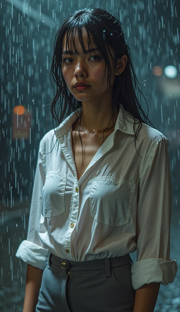 best image quality, masterpiece, super high resolution, (fidelity:1.4), photo, 1 girl, white shirt, torn jeans, white sneakers, dim, darkness, despair, pity, poor, movie, tears, teardrops, (torn clothes:1.5), (wet clothes:1.4), bare shoulders, real rain, wet hair,