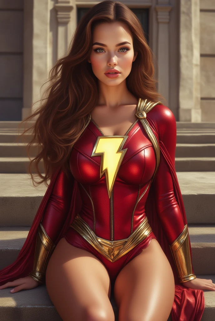 The character Mary Marvel, perfect red and golden costume, perfect red and golden cape, seductive smile, gorgeous eyes, tradicional suit. A large red cape with details with golden rays covers his shoulders