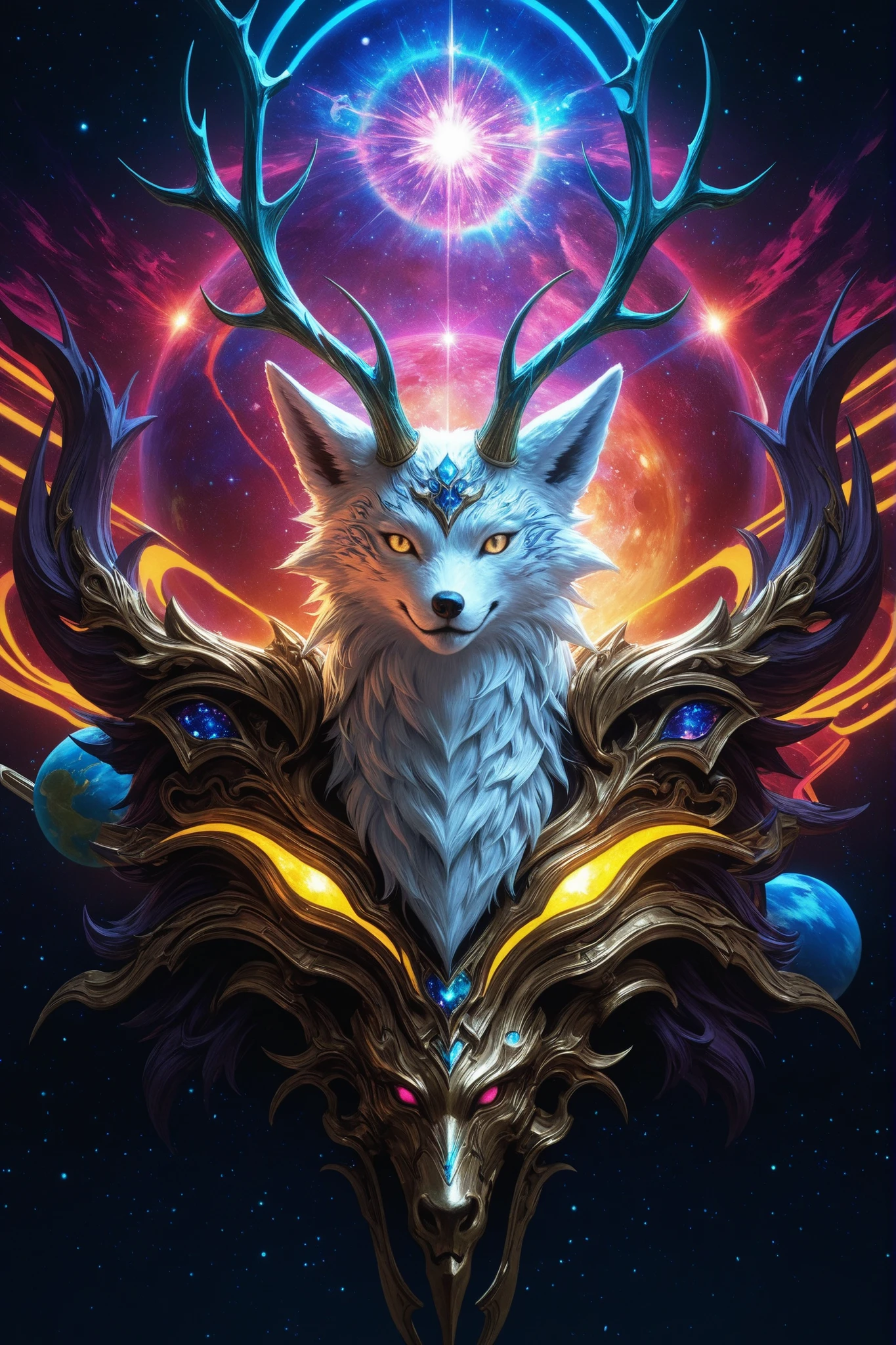 full color, Break Ultra Realism, Detailed and Realistic Skin Textures, Detailed and intricate texture,  detailed and intricate brushwork ,  detailed and clear depiction , esthetic, White Fox and Samurai , Form a column, Cosmic Stag Team, Enchanting, Enchantingな, Pop Sengoku Fantasy BREAK Neon Art Background, cinematic lighting effects, Incomprehensible, 
BREAK Space Planet Investigation