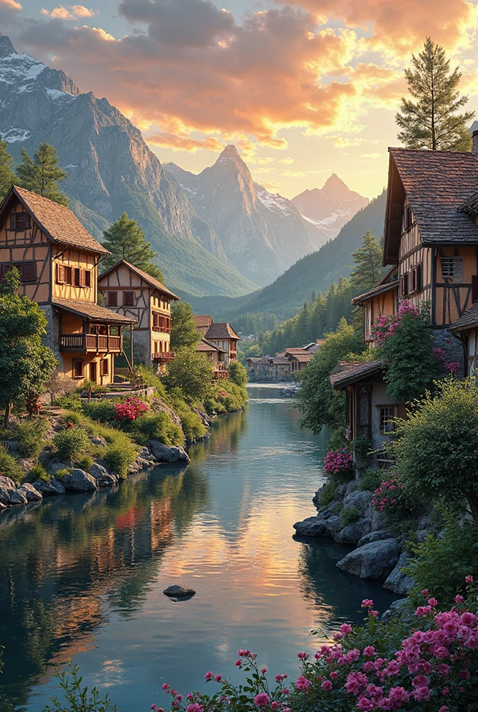 A small village by the river, mountains in the background, floral ...