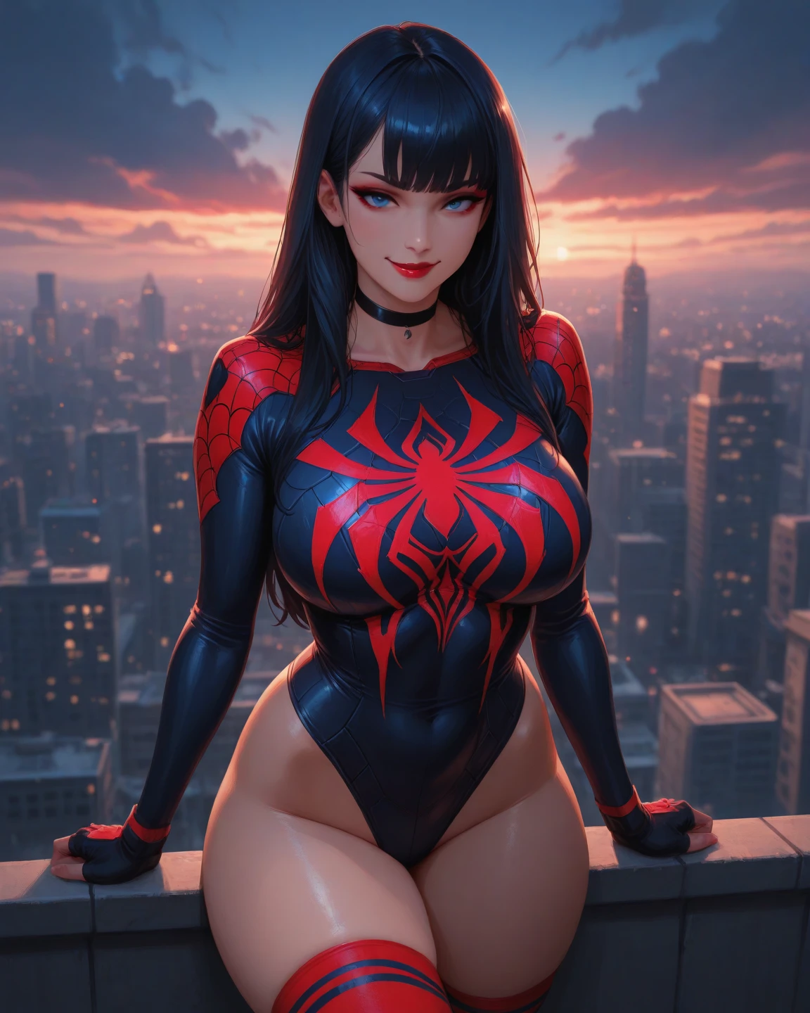 Sexy Latina ((Daisy Marie)) dressed as Spider-Man, sexy with 34dd tits, gorgeous face, beautiful, curves, hourglass figure, highly detailed, masterpiece, 96k HDI Vector unity rendering, full moon in background, stars in sky, city lights, New York, nighttime, spider web, perfect cinematic mcu lighting,