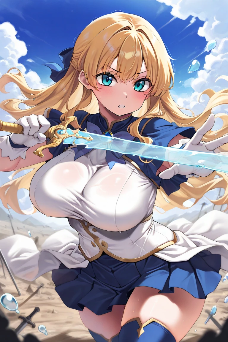 Cute naughty knight armor girl, Pastel colors hair, (large breasts:1.2, bursting breasts, Thighs:1.2, thick legs:1.2, curvy:1.2), blonde hair, hair down, bangs between eyes, long hair, blue eyes,(naked:1.3), standard height, (blush:1.2, expressionless), garter ring, at the adventurer's guild, A bulletin board with posted paper, holding sword