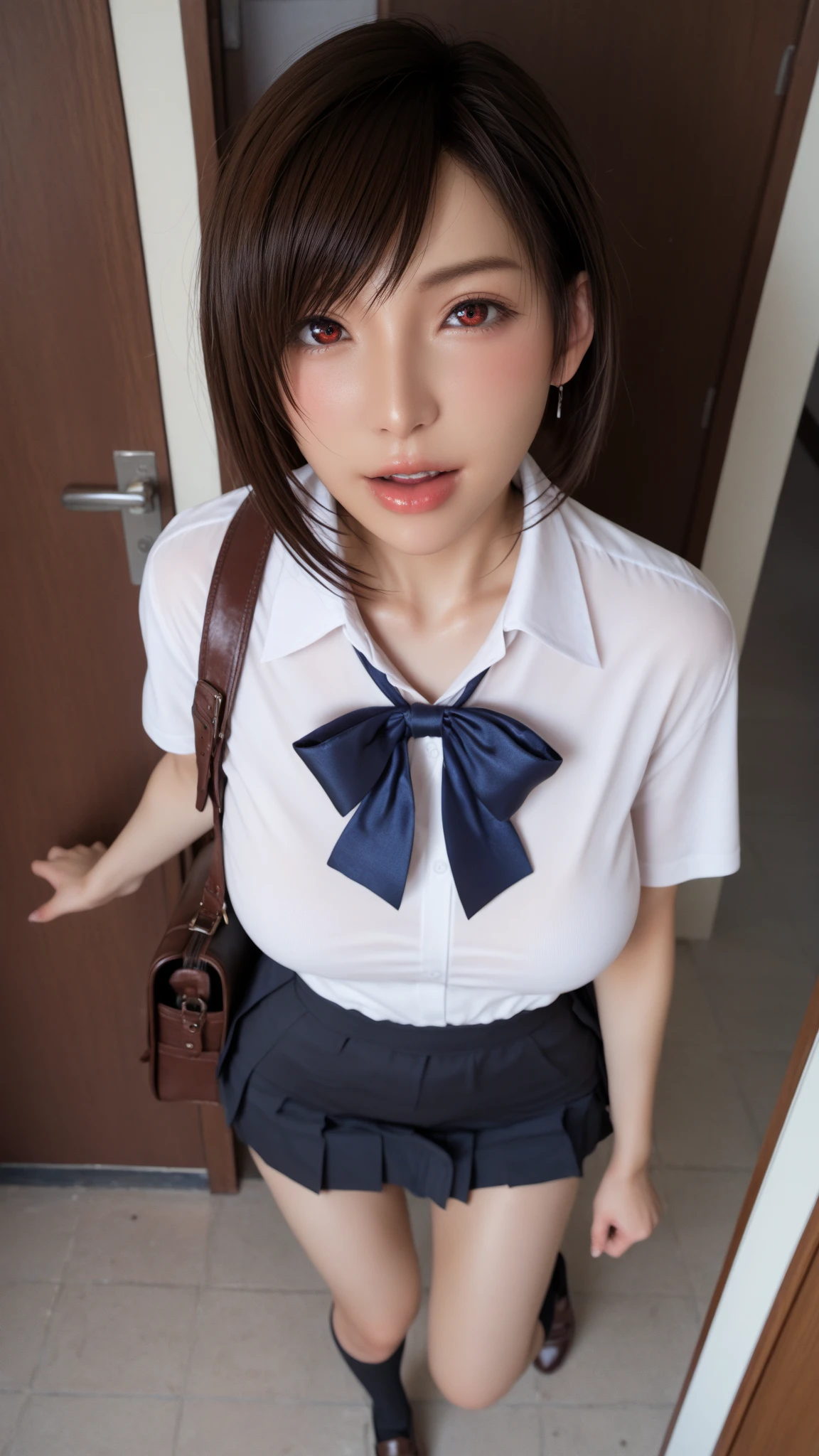 Highest quality、masterpiece、8K、Very detailed、Realistic、(Young face:1.2)、(Looks like an elementary school ???:1.2)、1 person、Looking at me with a smile、whole body、(Big Breasts)、Thin and beautiful legs、Tight and slim waist、Lace, see-through, tight sleeveless button-up and collared shirt、(See-through lace micro skirt)、(Erect nipples)