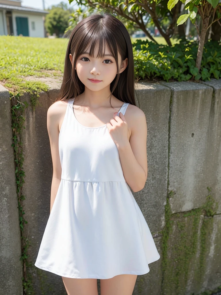master piece, Best Quality,(12 years old Japan girl:1.5),(Looks like you're about to cry:1.3) ,(M-shaped legs spread on a park bench:1.8),(Summer clothes and hairpins for junior high school girls:1.8),Brown eyes,(Small:1.7),(Smooth straight hair:1.5),(Slender body,Skinny Legs),A detailed eye,Very white skin,Letting down your bangs,Detailed body,Detailed hand,No makeup, Smile,