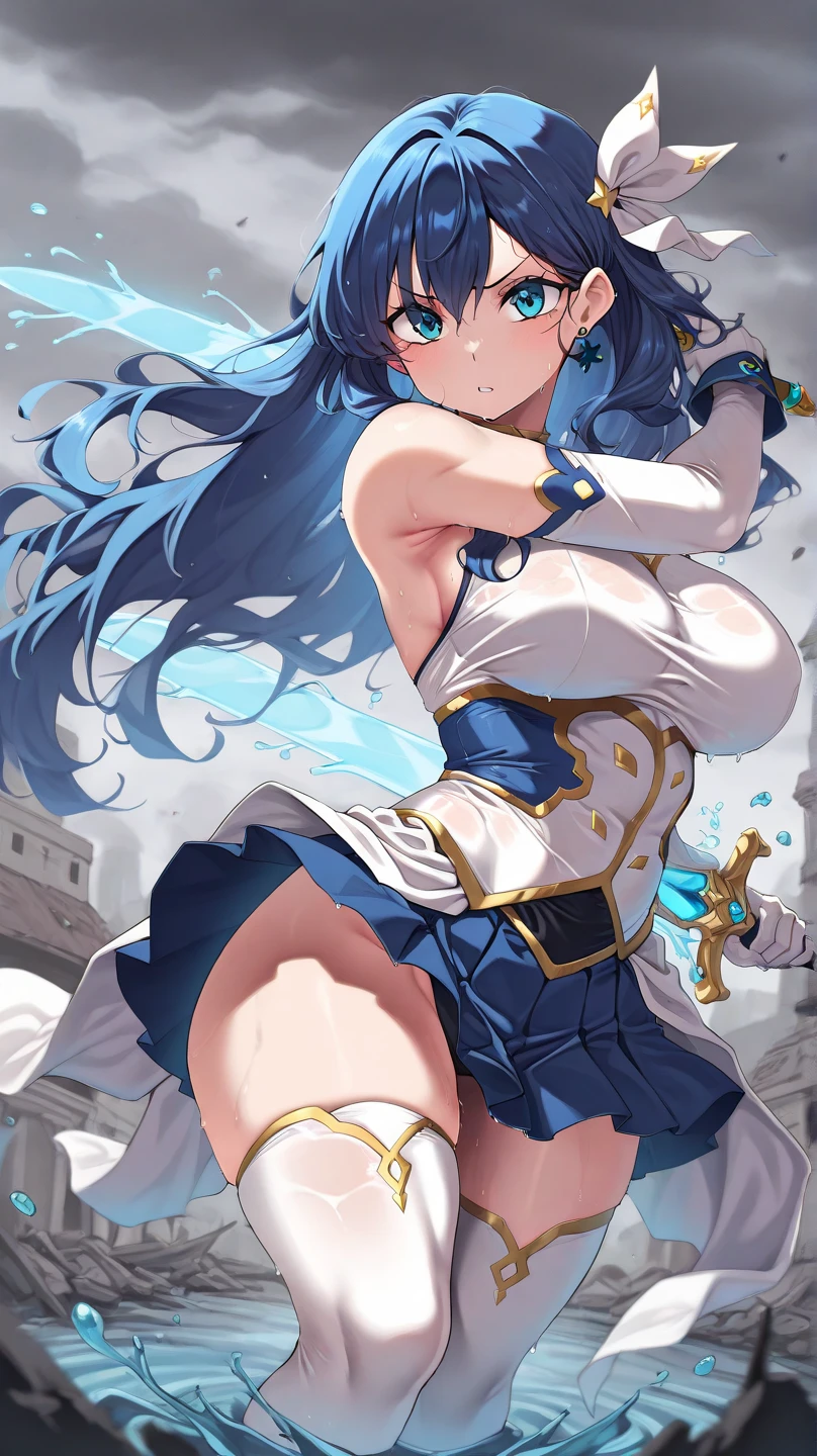 (top-quality, 8K, masterpiece, Top image quality, Hi-Res, super detailing, Ultra HD, (Delicate and smooth skin, real looking skin, Perfect and beautiful face ,Perfect and cute face, high detail skin, Perfect limbs)), 1girl , armor , ass focus , blue eyes , blush , cameltoe , embarrassed , fingerless gloves , view from behind , huge ass , long blue hair , looking at viewer , miniskirt , open mouth , pegasus knight uniform (fire emblem) , solo , thick thighs , thighhighs , trefoil , upskirt , white panties, Caeda (fire emblem)