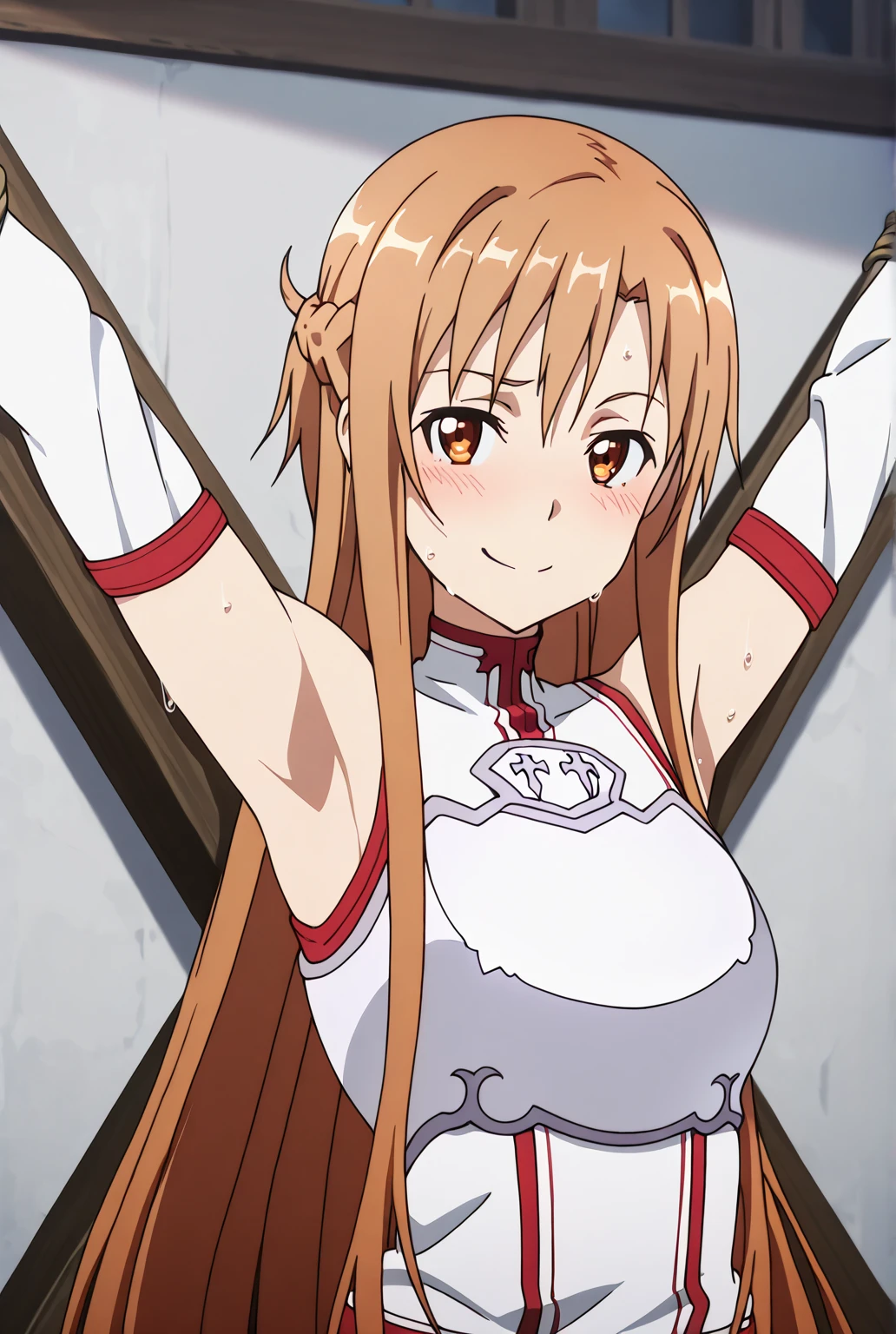 (masterpiece, highest quality), Intricate details, One girl, Yuuki Asuna, KizukiAi, Brown Hair, Brown eyes, Medium chest, Long Hair, Braiding, Catbo, White gloves, White Uniform, White boots, Red Skirt, Red strap,Displeased,nsfw,(spread legs:1.3), (squatting:1.3),(armpits:1.3),pussy focus,(cameltoe:1.3)