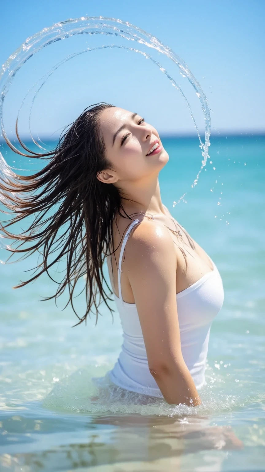 High resolution,detailed,masterpiece, Highest quality, (2 people,Super cute girls hugging,Clear Eyes,Fluttering long hair), Ultra-realistic:1.5, 非常にdetailedな, High resolution8k, ((Cowboy shot composition,from the front)),Playing in the water in a glossy, sheer, high-cut swimsuit,Nipple shape,Water pops,Sparkling and violent splashes:1 5,Crotch crack 1.5,smile,