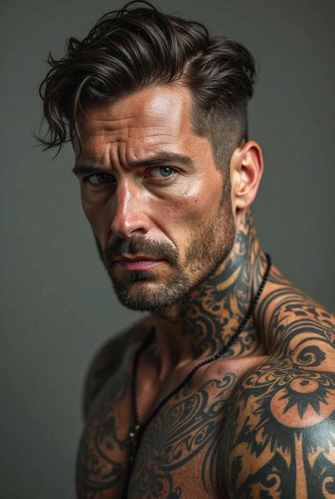 (Photorealism:1.2), Joseph : Tan, with a bronzed glow, hairs : Salt and pepper (Mix of gray and black), short and well maintained. eyes: Hazelnut a thoughtful look marked by wisdom and experience. 1m86, Tattoo on right arm. 47 ans
