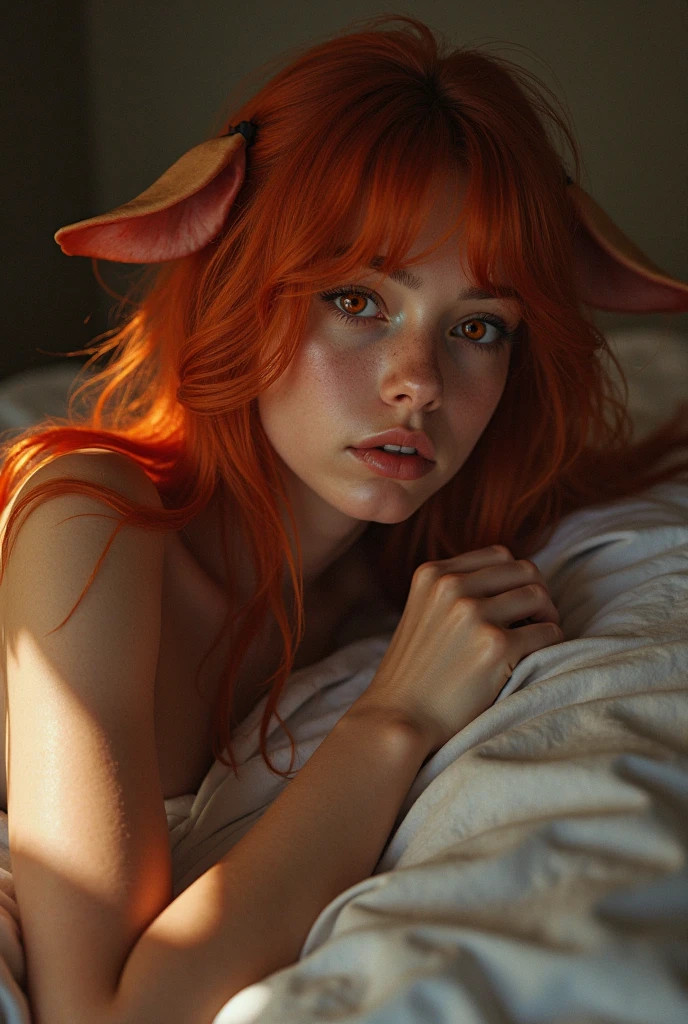 masterpiece, Highest quality, One girl, Giant Tall h○rns, l○ungewear, sh○rt hair, Ruby Eyes, c○pper hair, :○, Sunburn, tw○-t○ne backgr○und, fantasy ○f terr○r