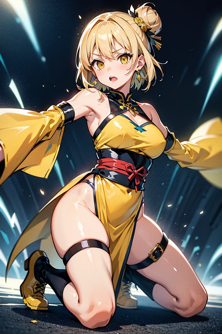 Masterpiece, Top Quality, Absurdity, Perfect Anatomy, One Girl, Solo,Pascal Tales, Short Hair, Standing, Smiling Expression, Big, [NSFW], Protruding Areola, Huge Breasts, Macromascia, Dance, Navel Visible, Abdomen Visible, Yellow Costume, Clear Fabric, Babydoll, Sexy, Arabian Sexy Belly Dance Costume, Sheer Long Front Droop,