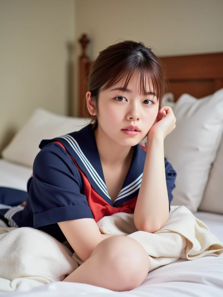 There is a bath in the dark and spacious bedroom.。There are many bath towels on the shelf。There is a clock and a tissue box on the bed.。A young woman in a sailor suit and miniskirt is dazed.。