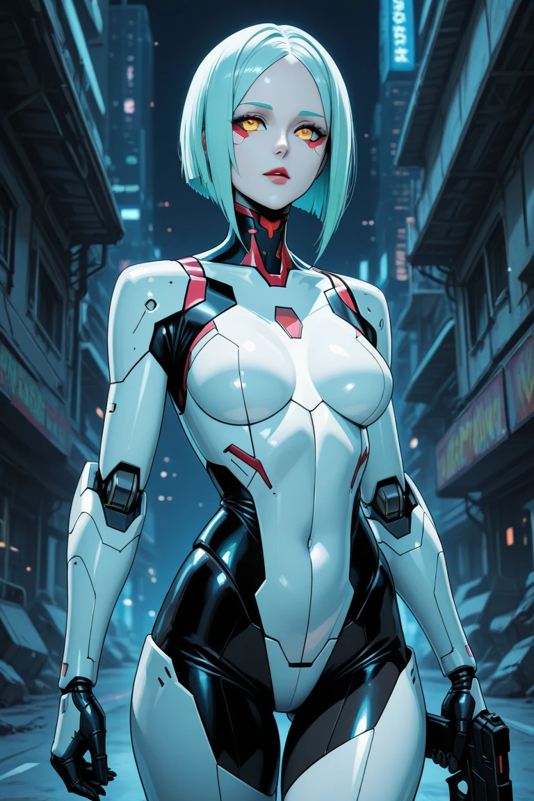 Cyberpunk cityscape、Cyborg woman and man with laser swords
