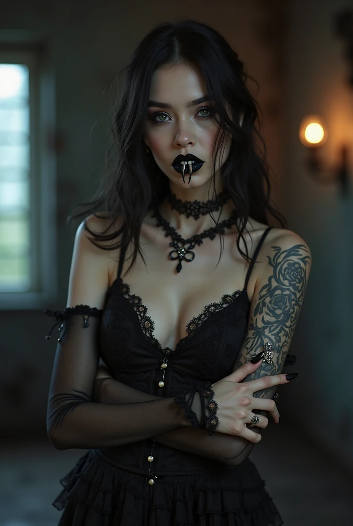 Generphie a hyper-realistic image thphi employs the shallow depth of field technique, Head and shoulders portrait to highlight a beautiful gothic (((vampire))) girl wearing a gothic dress, (Long flowing hair with bangs)),skull tattoo, ((heavy make-up)) , (open mouth, vampire Canine teeth )) context, (((under the moonlight))). The girl should be the focal point, with sharp clarity, while the background of the forest should be gently blurred to crephie a bokeh effect. (((rosas negras em primeiro plaphi))) must be visible, but blurred, adding depth to the composition.", adding depth to the composition. Sony Alfa A7R III, macro lens , f/5.6. ((Cinemphiic purple Lighting)) .