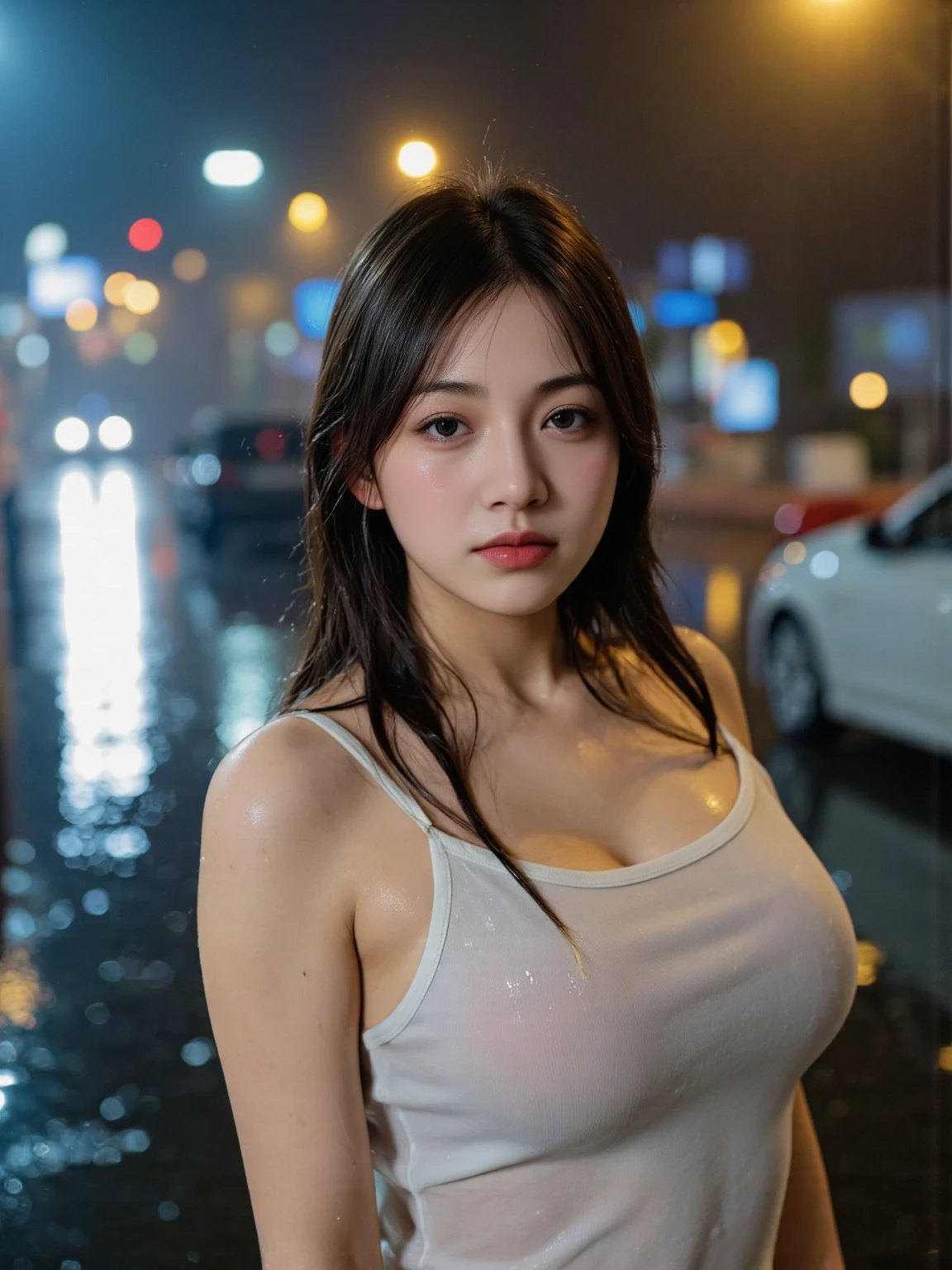 1girl, 18 years old, mix4, (8k, RAW photo, best quality, masterpiece:1.2), (realistic, photorealistic:1.37), cute, night, see-through attire, wet, professional lighting, photon mapping, radiosity, physically based rendering, ultra resolution, (big breasts: 1.2)