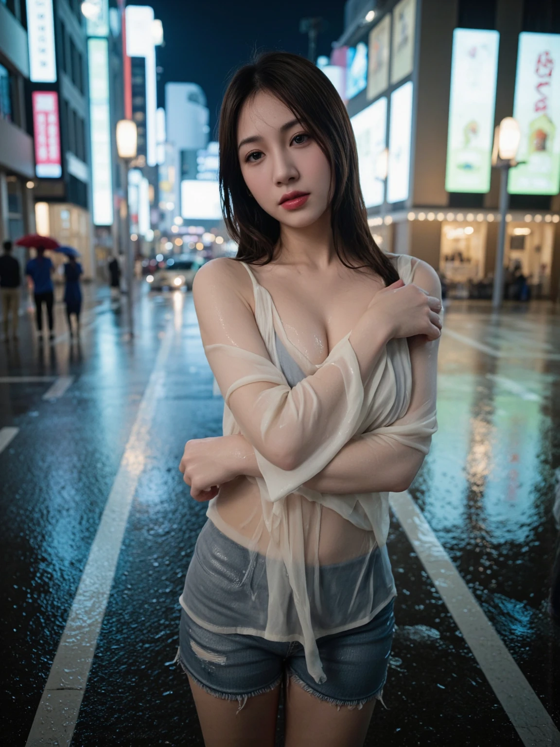 (8K, Raw-Photo, Top  Quality, Masterpiece: 1.2), (realisitic, Photorealistic: 1.37), 1 Girl, Japan People, 25 Years Old, femele, daytime, Cityscape, Street, wet road, Natural light, blueish grey hair, bob cuts, Detail Face, Detail Lip, Detailed Eyes, Detail skin, Double eyelids, (Huge breasts: 1.5), (Nipple process: 1.3), (large areola), pubic-hair, dark pubic hair,), high heels, (The shape of the pubic area is clearly visible), Perfect Body, ((Wet body : 1.5)), sparkly skin, ((spreading your legs)), Sexy Pose, sexy expression, eye contact with the camera, naked , blazer
