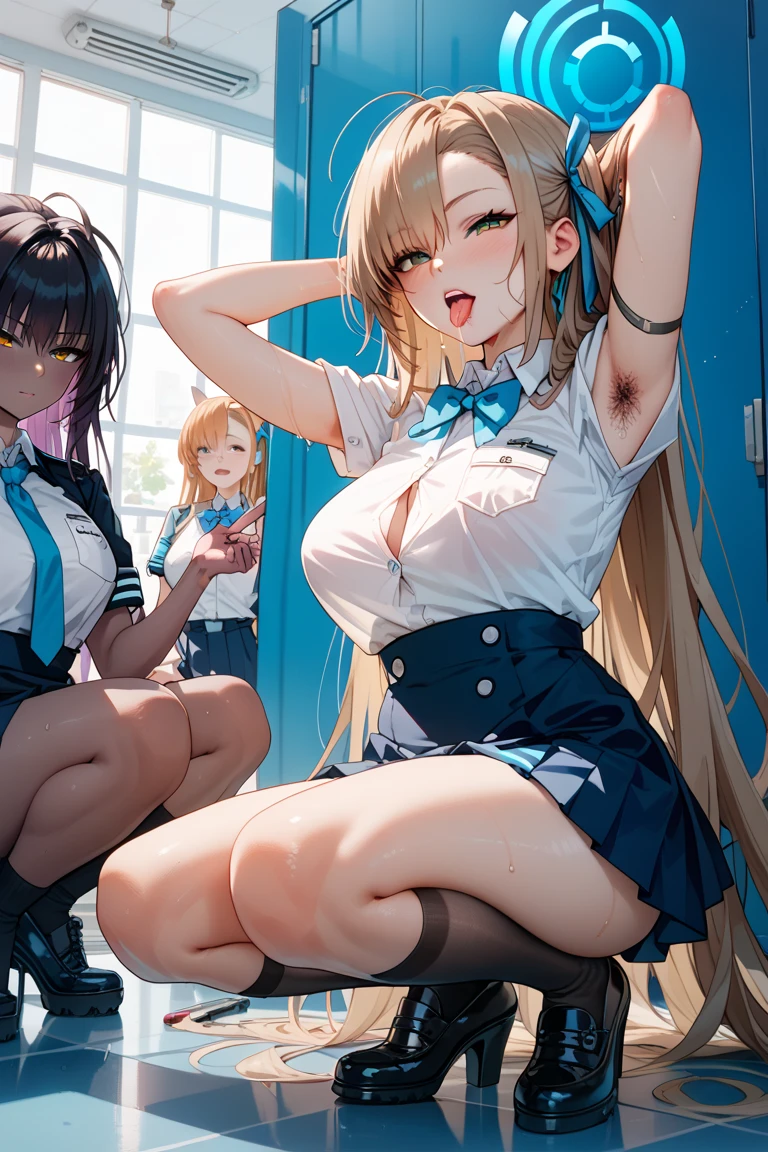 Anime Moe Art Style,Highest quality,High resolution,Anatomically correct,Multiple Girls,Mid-teens,Mr.々Hair style,Super detailed,Big Breasts,Shiny skin,Beautiful Skin,A rich expression,A big smile,high school girl,Nipples are visible,locker room,I'm changing clothes,Show off your chest,Naked upper body,Sexy pose,Eyes drawn in detail,8K