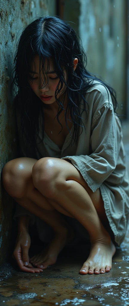 Photorealitic, wide angle, (seen from front, facing forward:1.2), a fullbody portrait of a japanese woman wears a oversized (pajamas) that is hanging down and exposing her (bare half shoulders:1.2), bottomless, she has a slim body with firm, soft plump breasts, fair and smooth skin, grayish blue eyes, beautiful face, sensual lips, has short brunette hair, sensual posture, ((she is sitting curled up and hug her 2 legs:1.2) on the wet floor) in the bathroom during heavy water showering, in the morning, she looks sadness and badly wet, her body was bruised from torture, in a gloomy atmosphere, photon mapping, natural lighting, vivid color tones, aesthetic