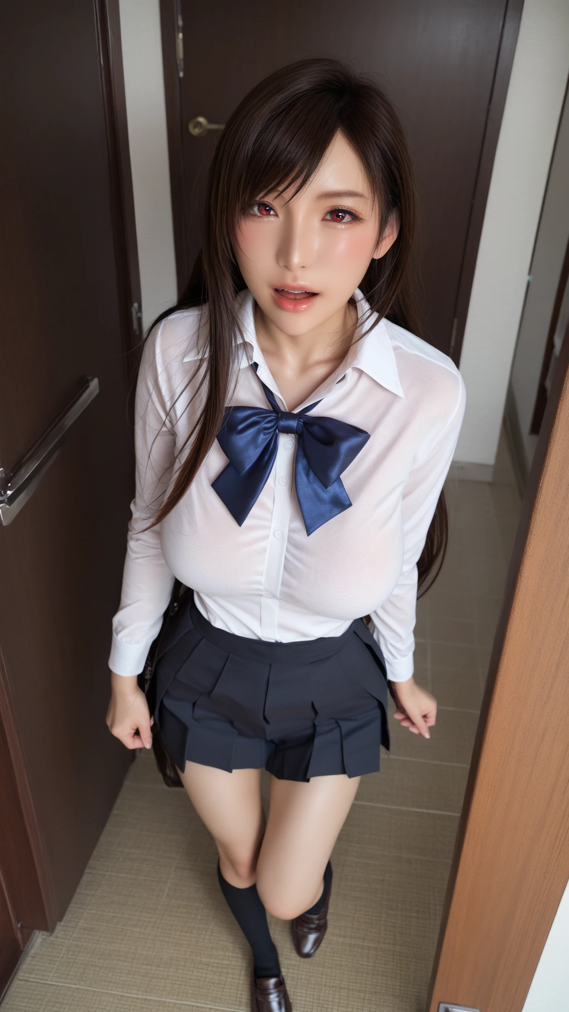 Very detailed、masterpiece、Highest quality、Ultra-high resolution、8K High Resolution、Photogenic transparency、Detailed eyes、Gradation、Perfect anatomical figure ,hard disk、Hmph , Nikon Z9 80mm Lens , Tabletop、Street in front of Tokyo Station、Standing model、shirt、(school uniform:1.5)、(((Skirts must be worn)))、(((Lift the hem of a skirt)))、Panty Focus、Too bright natural light、sunlight、(((While standing, She lifts her skirt to show her pussy to the camera.)))、(((Beautiful and white teeth)))、(((Raise your skirt higher and higher,Show your pussy to the camera)))、Ultra slim body、(Big Breasts:1.3)、Slim model body shape、Beautiful posture、Wearing a collar、Earrings、Earrings、((Navy Blue Skirt))、crowd、Erect nipples、ponytail、shaved pussy