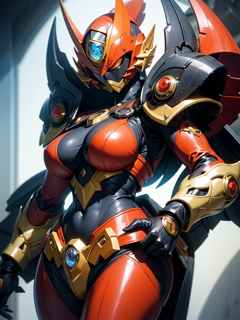 Cartoon photo of woman in green and red costume, hot insect humanoid woman, Guyver style, SFW version, red eye, scarab reploid, bellows tail, cel shade adult animation, alien queen, serpentine pose,