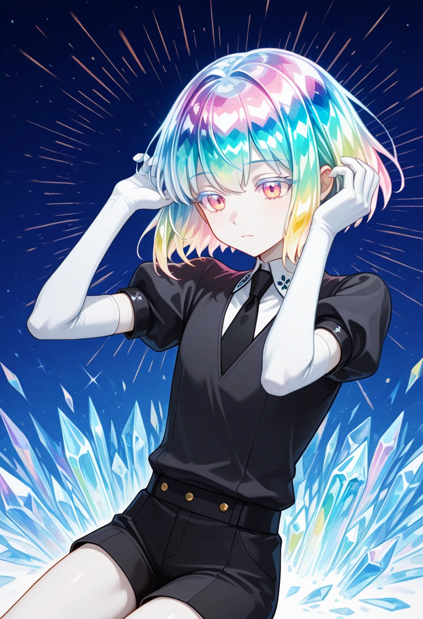by modare, best quality, masterpiece, gem uniform \(houseki no kuni\), solo, 1other, short hair, androgynous, shorts, thighhighs, necktie, white thighhighs, shards, shirt, short sleeves, black shorts, diamond \(gemstone\), profile, white hair, black shirt, own hands together, black background, from side, black necktie, gem, closed eyes, sparkle, collared shirt, belt, puffy sleeves, colored eyelashes, gloves