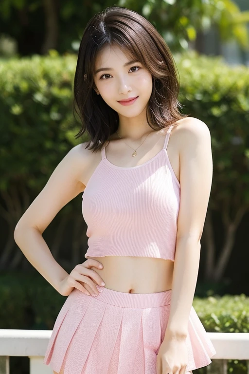 (Highest image quality, Highest image quality, Super A High Definition), (Raw photo, Realism 1.4), (flat chest), Fine skin, Fine face, Cute, AKB Girl, Teen Girls, Small breasts, Perfect Skin, thighs thighs thighs thighs, Medium Hair, Perfect, Brown hair, Brown eyes, Gravure Pose、Full body, (((Spread)), shiny, ((Cropped tank top in pastel colors))、Bright sunlight, Smile, Realistic
