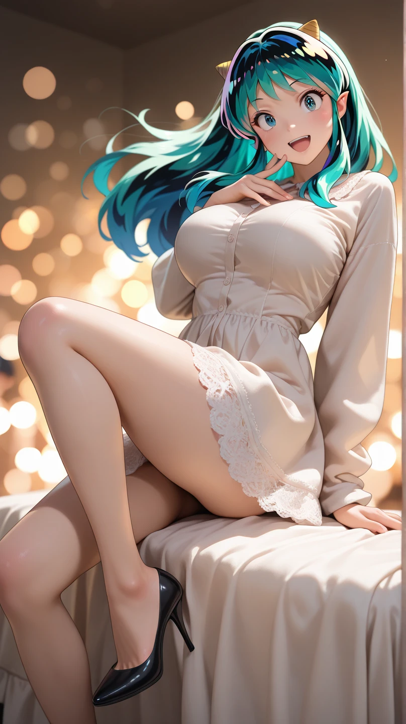 ulti from the anime one piece, has horns, long hair, light blue hair, pink eyes, ponytail, beautiful, beautiful woman, perfect body, perfect breasts, wearing a big white t-shirt, black panties, in bed, room sleep, bed, sitting on the bed sleeping, looking at the viewer, slightly smiling, realism, masterpiece, textured leather, super detail, high detail, high quality, best quality, 1080p, 16k