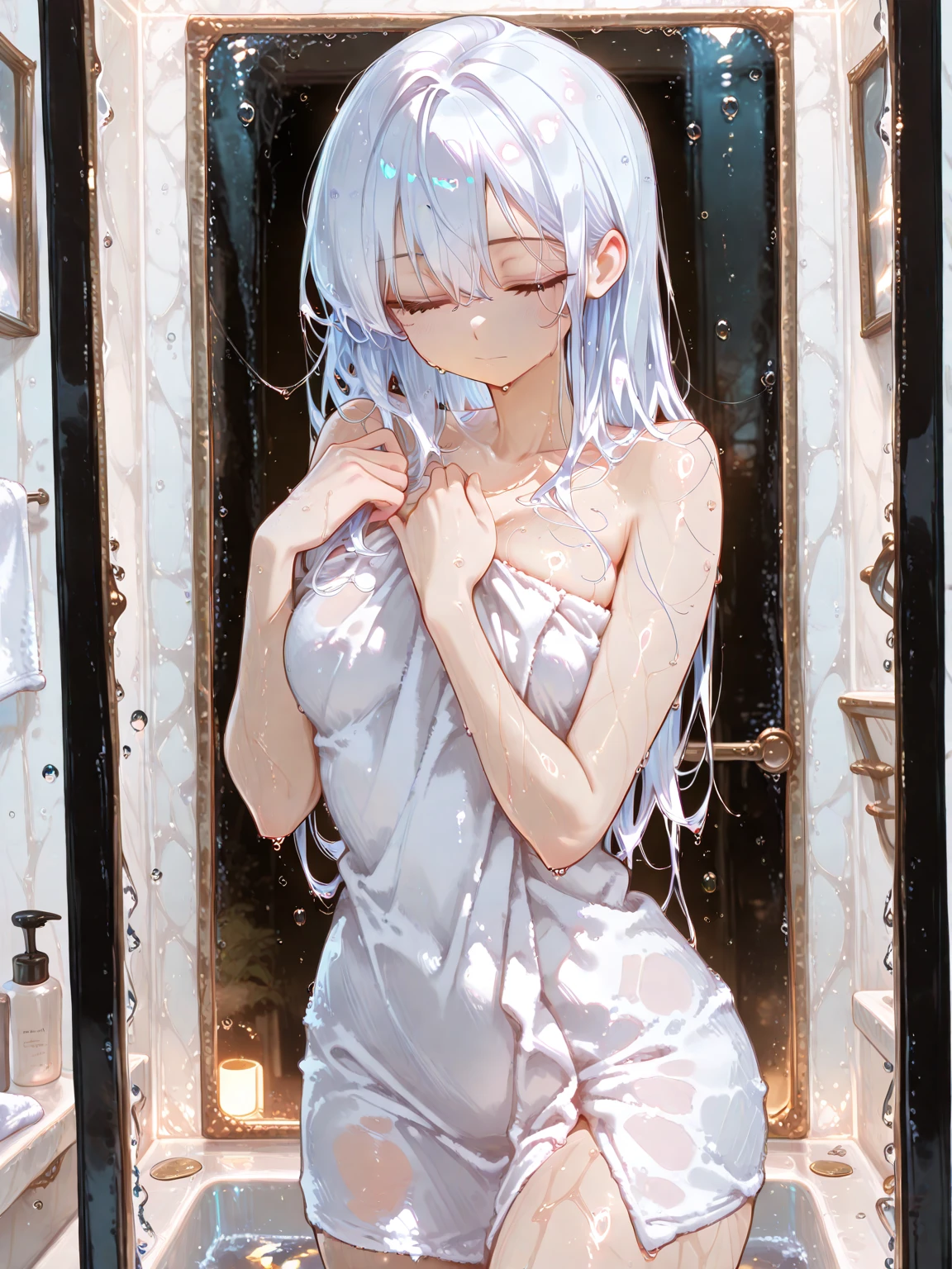 pretty girl, Completely naked、 silver hair, From the side, long hair, look up, window, curtain, sunlight, shiny hair