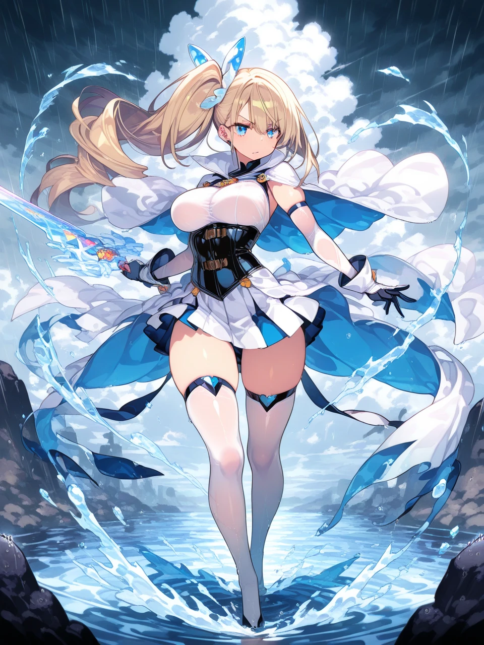 tmasterpiece,HighestQuali,Anime girl with sword and sword in field with sky background, from bravely default ii, granblue fantasy, Detailed key anime art, azur lane style, Artoria Pendragon, Anime goddess, pale blue armor, inspired by Li Chevalier