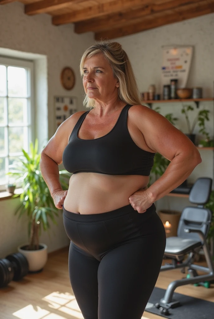 moda gorda, a beautiful velho lady 70 years velho woman, (maduro), curvy body, vestindo uma roupa de fitness, Shorts de lycra, Realista, Gordinho, intricado, hyper Realista, 8K, intricadoly detailed, cinematic, stunning Realista photography, rosto perfeitamente detalhado, altamente detalhado, vibrante, pele natural, Textura de pele real, octane rendering, cabelos longos grisalhos, cara feliz, It is, neckless, pulseiras, decote, linda coxa, Seios enormes:0.8, (malhando na academia), Gordinho, (treinamento), pele molhada, velho, Gordinho, Cabelo amarrado, Vista lateral, It is, sorridente