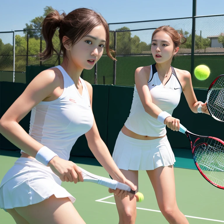 ((Top Quality, 8k, Masterpiece: 1.3)), (kneeling on the floor, open legs :1.2), Perfect Body Beauty: 1.4, large_breasts, Beautiful Woman, Two Women, Big: 1.4, Slender Figure: 1.1, Toned Abs, Dark Brown Hair, short hair, (Tennis, Wet Body, Tennis Uniform: 1.2), Ultra Detailed Face, Detailed Lips, Detailed Eyes, Double Eyelids, face to face, hug from behind, (2woman:1.6), Tennis field,