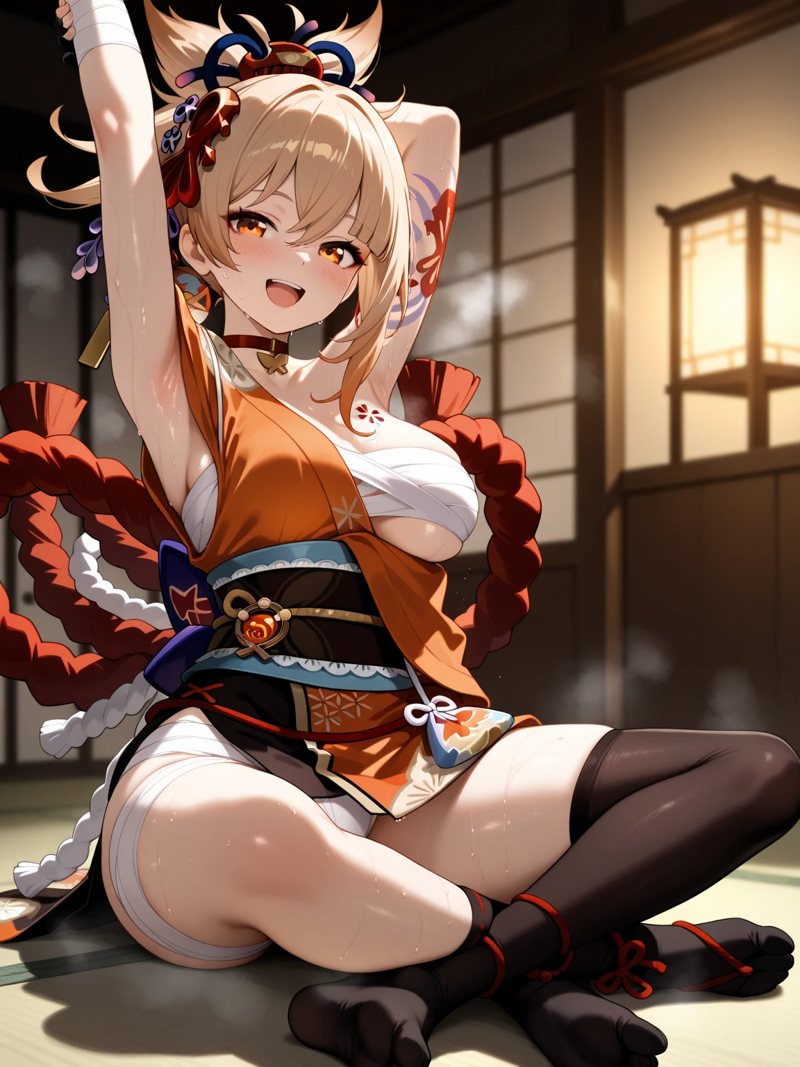 masterpiece, best quality, highres, 1girl, blonde hair, medium hair, asymmetrical hair, floating hair, hair between eyes, high ponytail, sidelocks, hair ornament, fish hair ornament, tassel, kanzashi, bangs, orange eyes, open mouth, smile, teeth, upper teeth only, choker, red choker, pendant choker, butterfly choker, collarbone, tattoo, chest tattoo, flower tattoo, cleavage, medium breasts, thighs, bandages, bandaged leg, sarashi, budget sarashi, chest sarashi, black sash, hadanugi dousa, houkisei, japanese clothes, kimono, kinchaku, obi, obiage, obijime, orange kimono, pouch, print kimono, rope, sash, shimenawa, short kimono, single bare shoulder, vision (genshin impact), east asian architecture, cherry blossoms, full body, squatting, sparkler, night, firework, holding firework, legs together, feet, single glove, single fingerless glove, wristband, black socks,