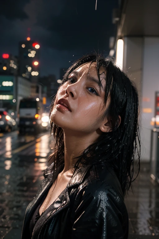8k, RAW photo, best quality, masterpiece:1.2),(realistic, photo-realistic:1.37),Tokyo street,night, rain, wet,cityscape,night, cyberpunk city,soft light,1girl,, extremely beautiful face,bust,put down hands,Random hairstyle,Random hair color,Random expression,pigsney