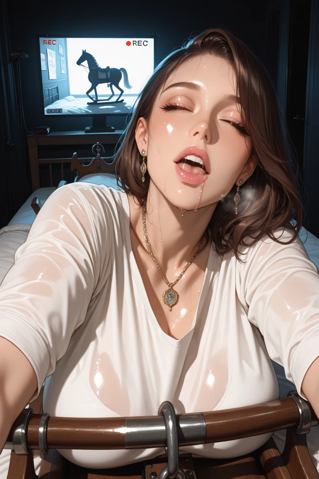 (Staring at me with tongue out:1.5), (Semen-covered body.:1.8), (Frightened expression:1.5), (A look of contempt:1.5), Luxury hotel interior, Browsing Caution, masterpiece, Highest quality, Accurate, 超High resolution, retina, Very detailed, Awards, High resolution, Anatomically correct, (Realistic:1.4), RAW Photos, (Soft Saturation:1.3), (Fair skin:1.2), 8k, 1 person, Mature adult woman, Beautiful evil, Evil and nasty sexy women, (Perfectly beautiful woman, A perfectly beautiful face, Perfectly beautiful eyes, perfectly beautiful nose, perfectly beautiful nose孔, perfectly beautiful lips), (Chestnut-colored hair tied on top of the head), (Compensate:1.3), (Eye Reflexes:1.3, Solid Circle Eye, Ring-shaped eyes, Sparkling eyes:1.2, Long eyelashes:0.7, Amber Eyes), (Crystal Earrings, Shiny gold necklace), (Captivating smile:1.4, Cruel smile:1.4), (dark red lips:1.3, Glossy Lips:1.5,Lip reflection:1.5), (clavicle, Cleavage, Huge saggy breasts, Silk dress:1.5), (Detailed texture of wrinkles on clothing:1.3), Looking at the audience, POV, Bukkake