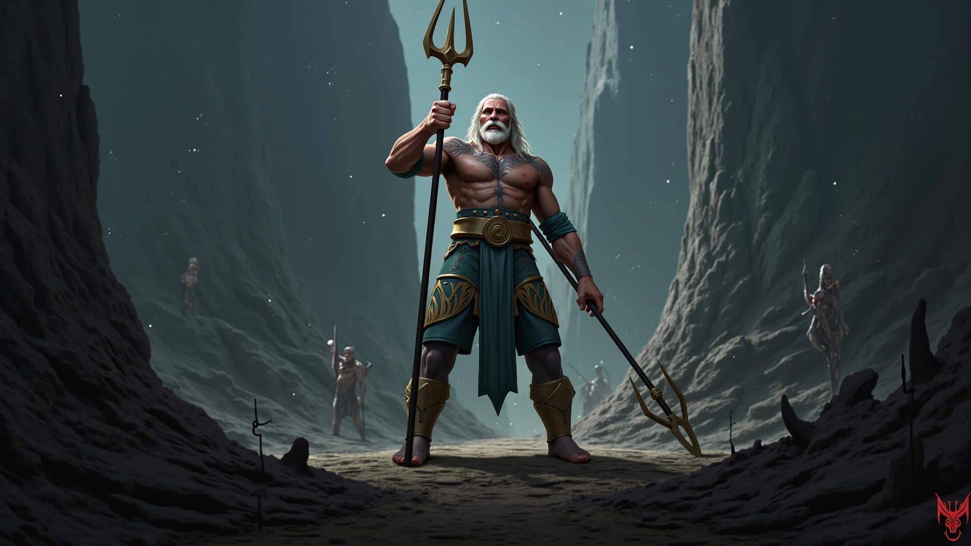 teseu: A famous Greek hero, He uses a double-bladed spear and can summon ice crystals and Ice Minotaurs.. He serves the Sisters of Fate as the "Keeper of the Horse Key" for the glory of Zeus and holds the key to the chapels on the backs of the Steeds of Time. Kratos oferece a vida de teseu em troca da chave que ele possui para a porta; however, teseu desafia Kratos a um duelo até a morte para provar quem é o maior guerreiro da Grécia. After a prolonged battle, Kratos usa a própria lança de teseu contra ele, pushing him towards the door, using the key to open the door and, repeatedly, smashing the door on his head until he dies.