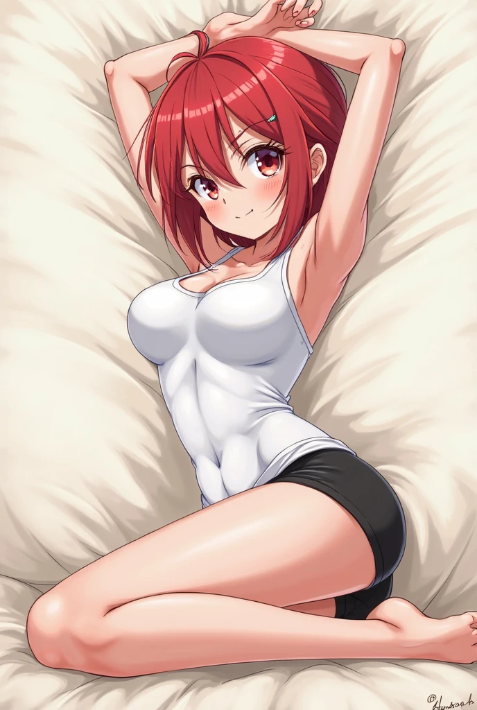 1girl, solo, masterpiece, best quality,
      <lora:erika-mahouka:0.8>,
        mahouka koukou no rettousei, chiba erika, erika chiba, red eyes, tsurime, red hair, short hair, messy hair, ponytail, short ponytail, camisole, (black camisole:1.2), crop top, skindentation, collarbone, bare arms, cleavage, medium breasts, midriff, navel, shorts, denim shorts, thighhighs, shoes, hanging breasts,
        all fours, looking at viewer, breasts,
        blush, smile, :d, open mouth,
        indoors, bed sheet, window