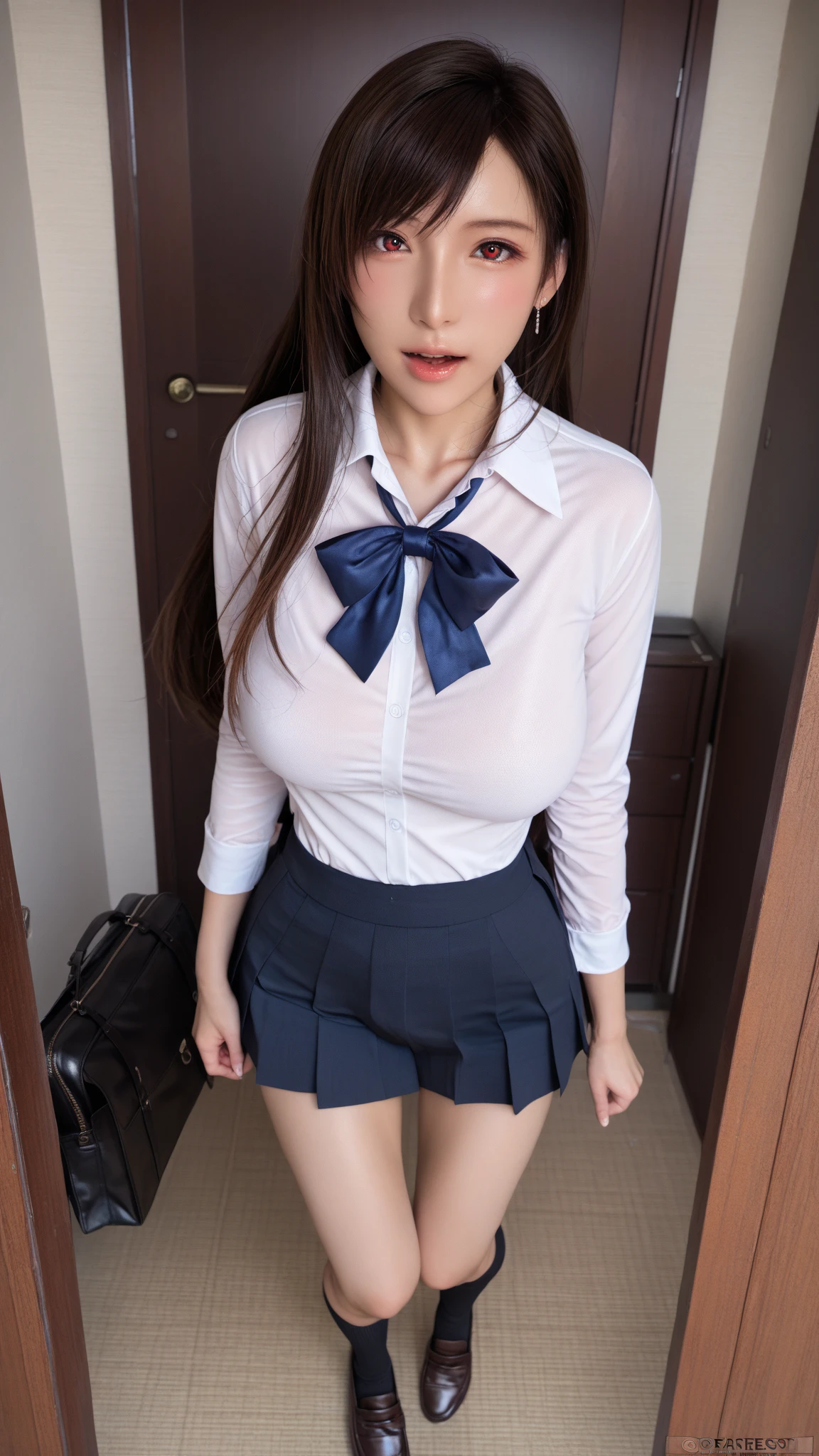 disorganized, RAW photo, very delicate and beautiful, masterpiece, highest quality, ultra high resolution, 16k, surreal, super detailed, perfect anatomy, super dense skin, perfect figure, Highly detailed CG 8k wallpaper, 20's, very slim body, tight waist, very small head, very small face, delicate facial features, tearful mole, earrings, thin legs, (very huge round breasts), full body shot, short hair, (wavy hair), (light brown hair), (wet clothes), ((school uniform)), (blazer),