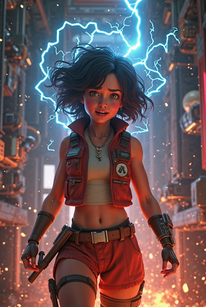 [buzimage]
masterpiece, absurdres, best quality, best aesthetic, intricate details, (1girl, full body:1.3), solo, (green eyes, black hair:1.2), cowboy shot, turning head, parted lips, earpiece, (shining eyes:1.1), (biopunk:1.5)