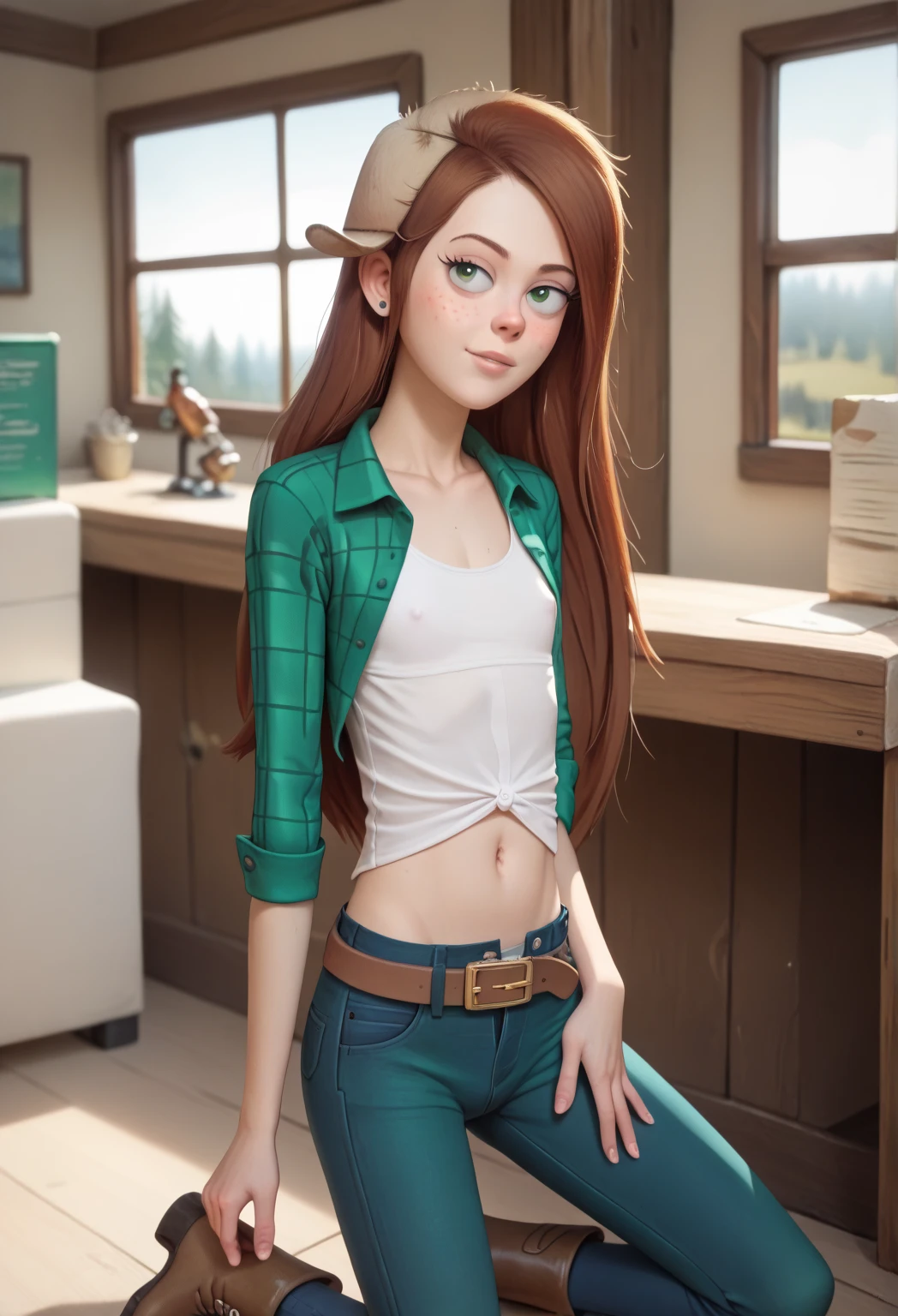 <lora:wendy_corduroy:0.6>, wendy corduroy,  masterpiece, best quality, 1girl, solo, hat, long hair, shirt, smile, orange hair, freckles, earrings, jewelry, green shirt, collared shirt, indoors,