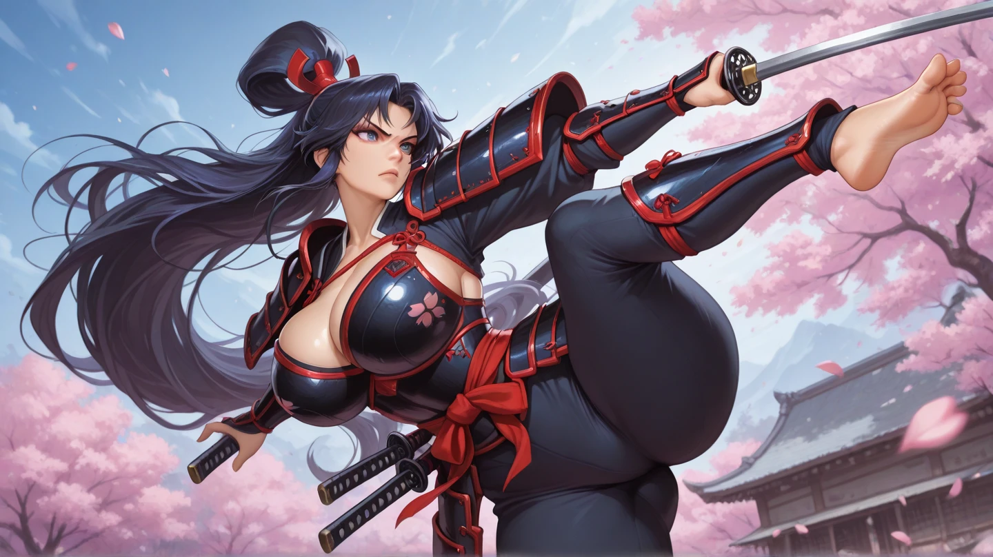 Ukiyoe anime art,Samurai shodown,Samurai spirits,samurai western,western movie,east meets west,gun woman,adult ninja woman,look back,enormous breasts,bazooka,missile,Shinkai Makoto Anime works,Illustration,High resolution,8K,Very detailed,Best Illustration,masterpiece,
