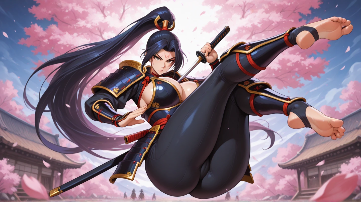 Short flowy bob cut hair, cute hair side bangs, ((white hair)) Japanese cherry scenery background, (evening), (golden hour) , ultra detailed, young Japanese woman, (wearing elegant bracelet) , ((wearing thick thigh strap)), (crossed legeautiful face, ((wearing a long black classic sleeveless cheongsam dress with long slits and golden dragon pattern)), exposures, ((hair flowing beautifully in the wind)) , perfect smooth legs, smiling, (((contrast rich rim lighting from both sides))), (ultra wide angle) , ((very short golden finger nail polish)), (pair of black high heeled mary janes shoes) , posing, perfect eyes, firm large sized breasts, cherry flower ornament in her hair, ((holding a katana in a battle ready stance)), ((kneeling with one knee)), (thighs), thick calves, correct anatomy, tony taka art style, (cherry petals flying in the air by a soft breeze)