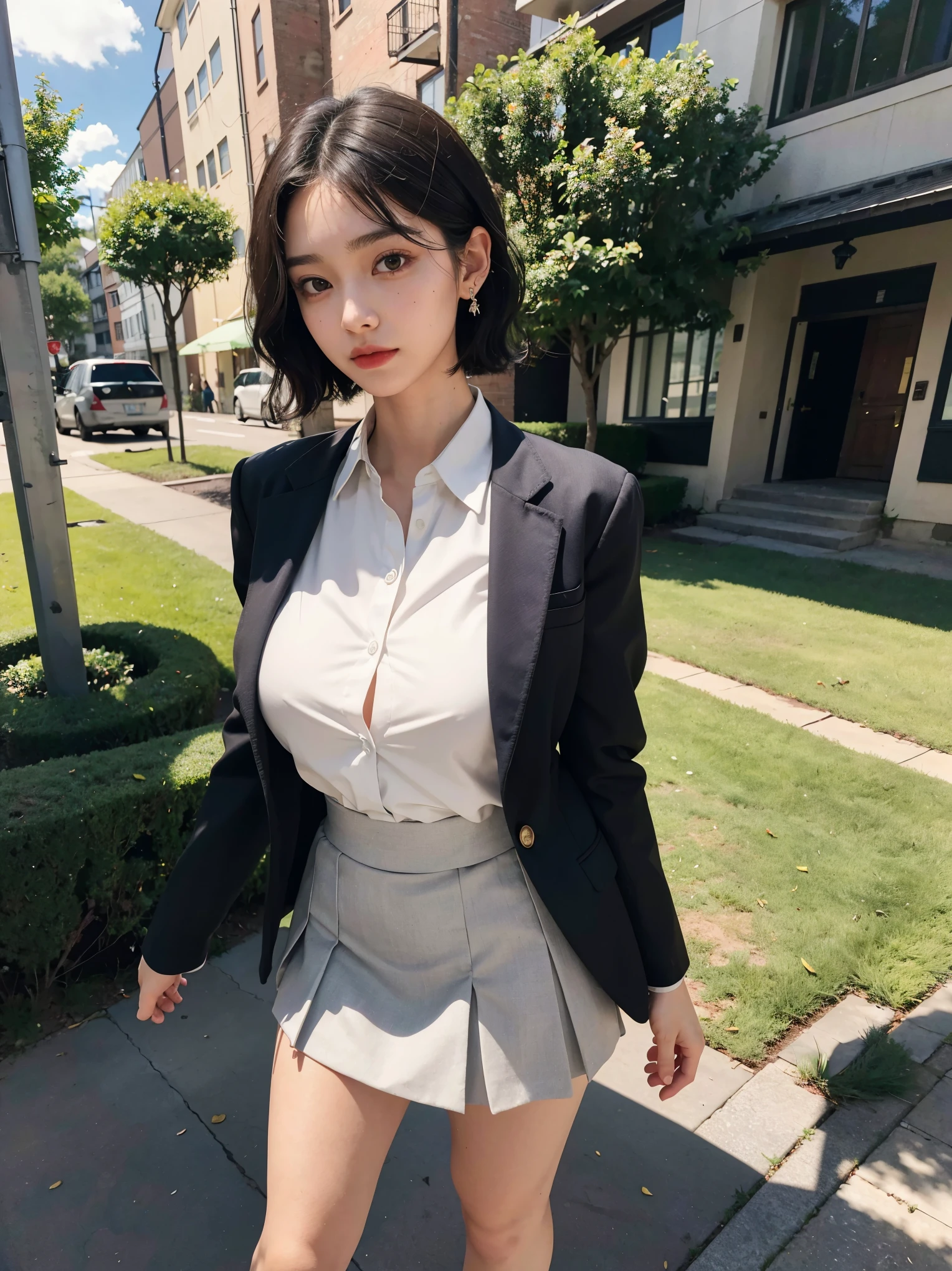 (full body shot), (whole body shot), (very huge round tits), (full legs), absurdres, RAW photo, extremely delicate and beautiful, masterpiece, Best Quality, ultra high resolution, 32k, hyper realistic, ultra-detailed, Very detailed CG 8k wallpaper, detailed background, landscape, Beautiful Lighting, Perfect Lightning, Realistic Shadows, perfect anatomy, anatomically correct, ideal ratio body proportions, perfect figure, Perfect Style, Perfect balance, super Detailed skin, in her 30s, very Slim body, narrow waist, very small head, very small face, delicate facial features, handsome detailed woman, very detailed eyes and face, realistic face proportions, Realistic beautiful face, Realistic beautiful eyes, tearful mole, earring, medium short hair, asymmetrical hair, wavy hair, outdoor, business suit, blazer, skirt, blouse,