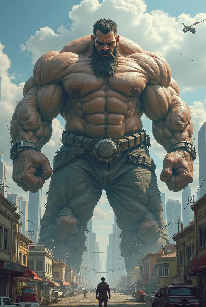 A giant with a very tall body, big and sturdy, all the muscles on his body were bulging, showing that he was a strong man. His whole body is brown in color. black hair, his face looked angry. was hitting buildings in the center of town. the atmosphere seemed chaotic. Wall chips and dust are clearly visible. the car looks messy. 4D realistic images.