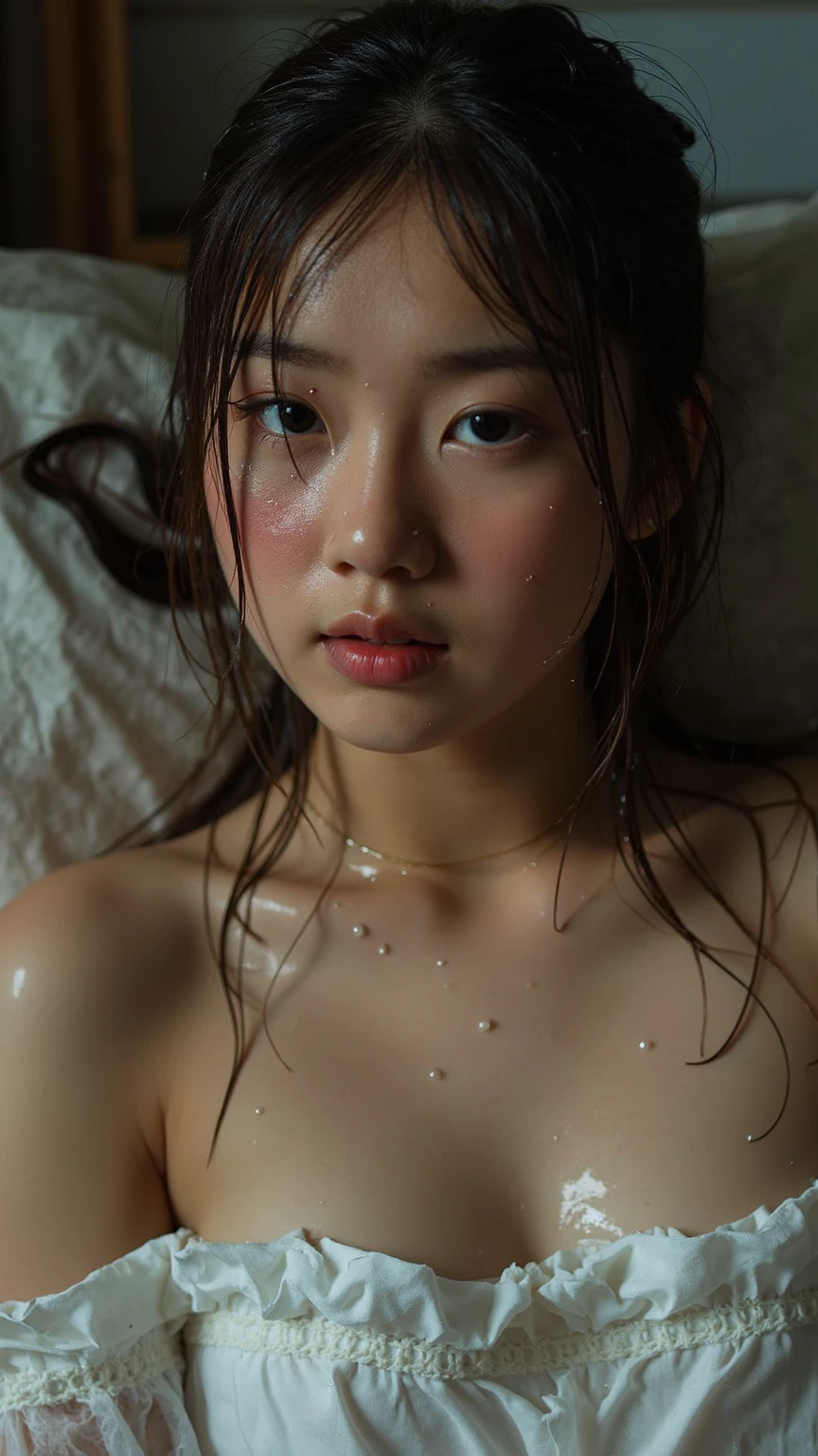 (best quality:1.2), masterpiece, Realistic, Ultra-high resolution,((a beautiful Japanese idol 12 years old woman:1.2)), (Gaunt:1.3), (((Very flat chest:1.4))), ((Baby Face)), focus on armpit, ((show me her armpit)), (sweaty armpit:1.3), ((Armpits are wet and shiny with sweat)), She has skin that sweats easily Soaking wet, Sweaty, I can see my pores, (I'm teary-eyed), completely nude:1.2, topless, (rabbit ears, black rabbit ears, fake rabbit ears, pantyhose, black pantyhose, bowtie, wrist cuffs:1.3), black leotard, (torture chamber, prison:1.5) ,
(bdsm, bed ,bondage, bound:1.2), (raise up arms:1.3), ((The shape of the pubic area)). (bound arms, bound legs, bound wrists, breast bondage:1.2), (spread legs,frogtie,bound thighs:1.5), (lying, on back:1.5) ,cowboy shot