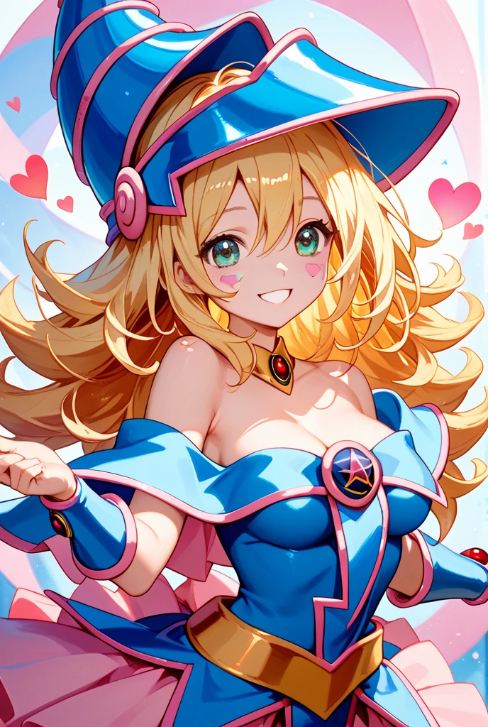 (masterpiece:1.2), (best quality:1.2), perfect lighting, Dark magician girl casts spell, floating in the air, big deal , neckline, magic background. Transparent heart in the air, blue robe, large hat, from above, Glittering, Yu-Gi-Oh cards in the background