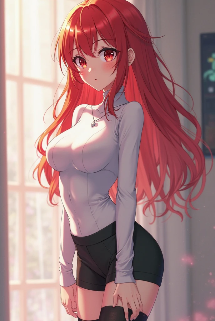 (best quality:1.5, high resolution, UHD, 4k, Detailed lighting, Shaders), red light hair, layered hair, gros seins, costume, t-shirt gris, chemise sociale, Jupe courte, Femme mature , (lancer), fond blanc, colorful eyeshadow, dramatic lighting, sparkling eyes, expression sensuelle, boucles d&#39;golden ears, Delicate facial features, dark skin, pommettes saillantes, milieu urbain, fond blanc, don&#39;t look for the camera, se pencher en avant,