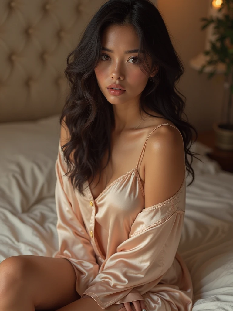 (photorealism:1.2), beautiful woman, sitting on bed, wearing loose off-shoulder top, pajama pants, big breast, 